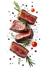 floating grilled steak slices with rosemary and pepper splash, isolated on white background