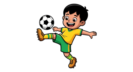 Happy cartoon boy playing soccer, kicking a ball with joy and energy