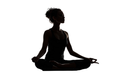 A black vector illustration of a woman in a lotus sitting position, featuring a zen silhouette of a female body meditating for yoga, fitness, and spiritual peace