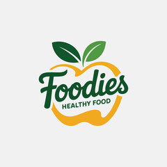 A crisp vector of a modern healthy food logo, featuring a stylized apple shape with vibrant green leaves and text, representing fresh nutrition and organic produce concepts
