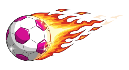 Cartoon flaming soccer ball with magenta panels flying fast isolated on white