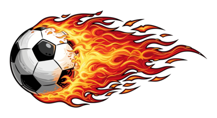 Soccer ball engulfed in dynamic flames, representing intense action and passion for the sport.