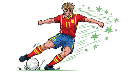 Obraz premium Dynamic illustration of a soccer player kicking a ball with energy isolated on transparent background