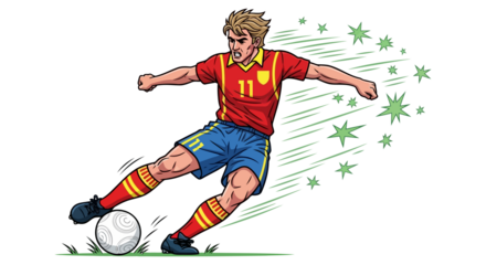 Dynamic illustration of a soccer player kicking a ball with energy isolated on transparent background