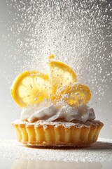 floating lemon tart with sugar powder splash, isolated on white background