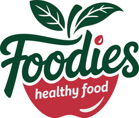 A sleek vector of a stylized red apple, adorned with green leaves and text, representing healthy, delicious, and fresh food concepts