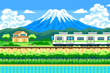 Train is traveling along tracks with rice paddies in the foreground, Fuji on background and cloudy sky in rural of ​​Japan. Pixel art game scene.