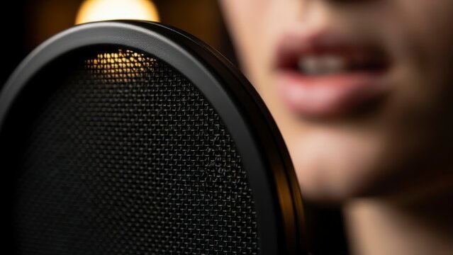 Close-up of a person speaking into a professional studio microphone with a pop filter, capturing clear audio for recording or broadcasting.