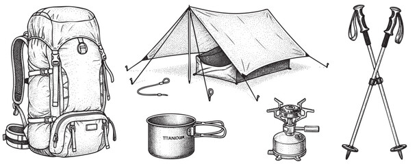 A hand-drawn illustration depicts essential camping gear including a backpack, tent, mug, stove, and trekking poles in a clean, monochrome style perfect for adventure graphics.