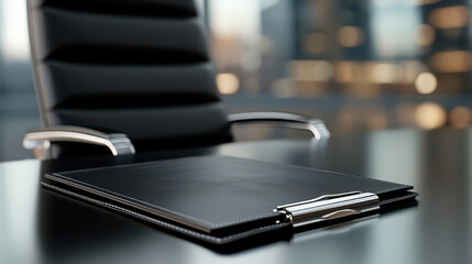 Black leather document folder with silver clip on dark office desk with blurred city background. Executive business concept for contract signing, portfolio, or corporate management