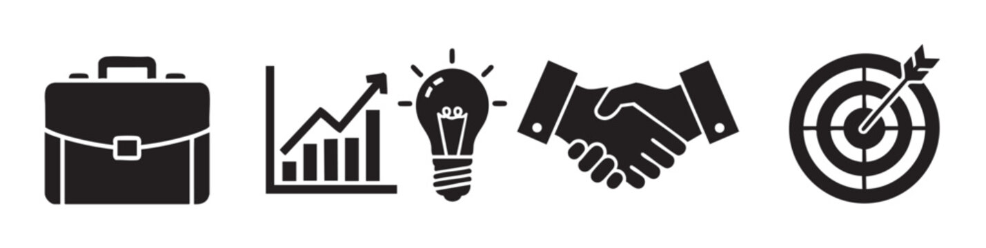 A collection of five black icons representing business concepts: a briefcase, a bar graph with an upward arrow, a lit lightbulb, a handshake, and a dartboard with an arrow.