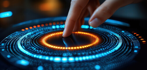 Finger touching futuristic digital interface. Close up of hand pressing glowing blue and orange circle button on virtual screen for biometric security and cyber technology concept
