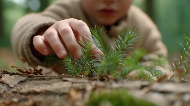 Macro view of a child hand hovering over a small pine branch on bark. fingers move forward to touch the needles, then ease back as the camera stays low, capturing gentle curiosity in nature.