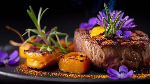 Gourmet beef filet on a black plate with roasted potatoes, rosemary and purple edible flowers. camera slowly circles the plating while steam and shine rise in low light.