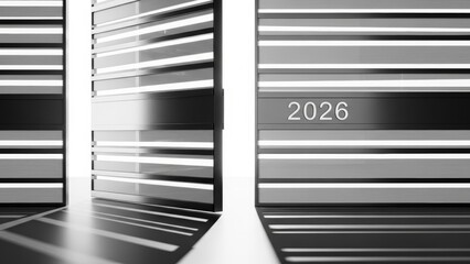 Monochrome composition of sliding panels casting shadows with 2026 displayed.