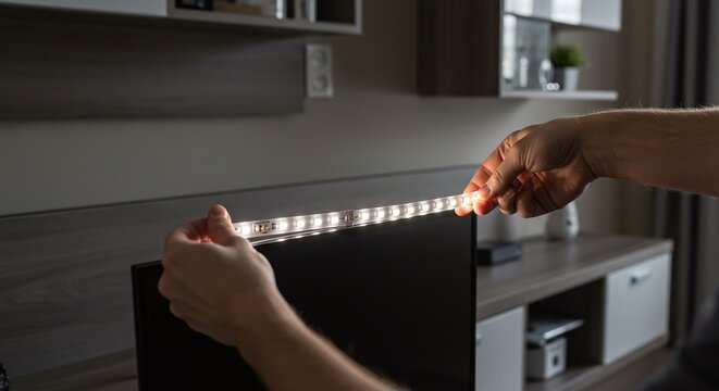 A person installs an LED light strip on the back of a television for ambient backlighting. Concept of a DIY home entertainment lighting setup.