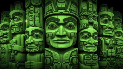 Ancient totem faces in deep green