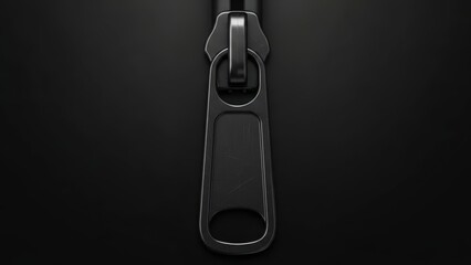 Close-up Macro Shot of a Black Zipper Pull on a Dark Fabric Background.