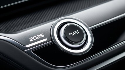 Modern car dashboard with illuminated start button, indicating futuristic design and technology.