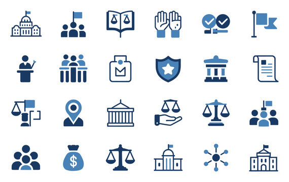 Government and Public Services Icon Set. Professional solid vector symbols representing parliament buildings, election voting, and municipal governance.