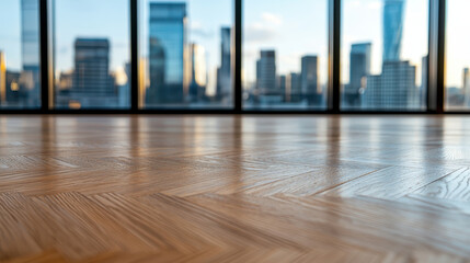 Wooden floor interior with panoramic city skyline view through large glass windows symbolizing architecture, space, and modern design.