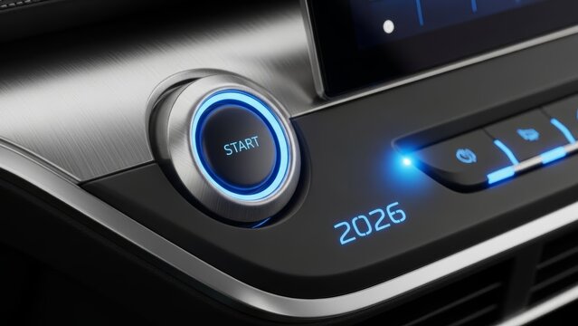 Close-up of a car dashboard with a glowing start button and digital display, conveying modern technology. - Powered by Adobe