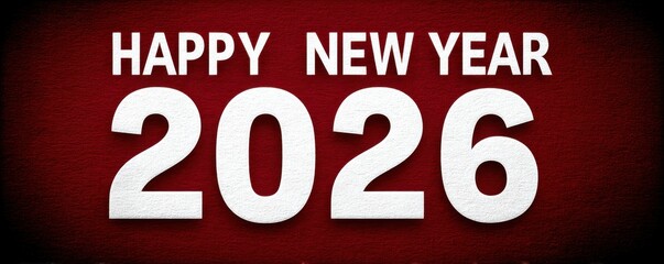 Happy New Year 2026 in bold white numbers on a burgundy background for festive celebrations