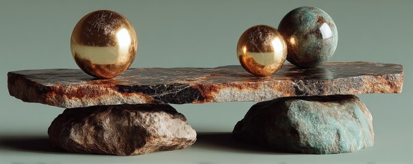 Two golden spheres balanced on irregular stone slabs creating a dramatic still life