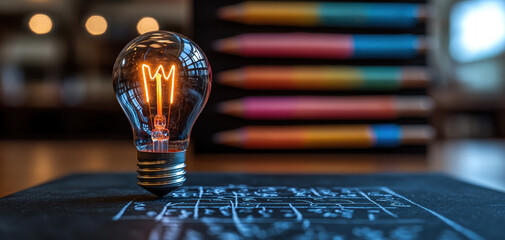 Glowing light bulb standing on a chalkboard with math formulas and colorful pencils in the background. Education concept representing creativity, innovation, and school learning ideas