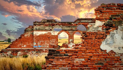 Ruined brick structure with archways under a dramatic sunset. Field and clouds are visible. Grass in the foreground