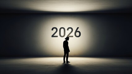 Obraz premium A person's silhouette stands in a dimly lit room with 2026 displayed, creating a contemplative mood.