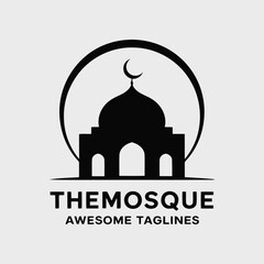Silhouette of a mosque with a dome and minaret inside a circular frame, representing Islamic architecture - a vector of religious symbolism and community spaces