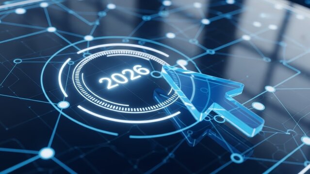 A digital interface featuring the year 2026 in a sleek, modern design with glowing blue highlights. - Powered by Adobe