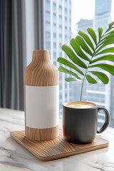 Coffee cup and wooden bottle on marble table near window with green plant symbolizing calm morning and natural lifestyle.