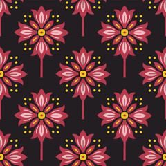 Bold red floral motifs with yellow accents arranged symmetrically on a dark background, creating a striking seamless pattern inspired by folk art and modern decorative design.