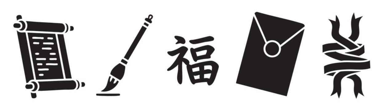 A collection of black silhouette icons representing Chinese culture, including a scroll, calligraphy brush, a character for luck, an envelope, and a ribbon, isolated on a white background.