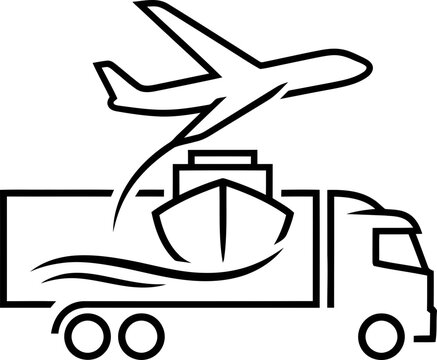 Global logistics concept with airplane, ship, and truck showing multimodal transportation. Line art vector icon for cargo delivery service, freight
