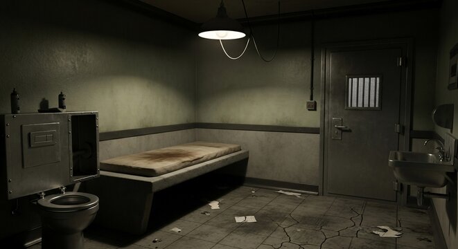 Dimly Lit Prison Cell with Bed and Toilet.