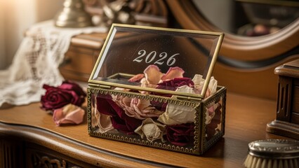 Elegant Glass Box with 2026 Inscription and Dried Rose Petals on Vintage Dressing Table.