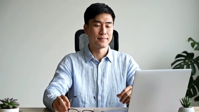 Man Cleaning Glasses in Office