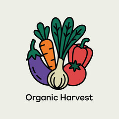 Vector of delicious and fresh organic harvest vegetables, featuring eggplant, carrot, onion, and bell pepper, perfect for healthy eating and lifestyle