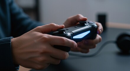 Gamer using a modern video game controller to play a high-tech console game at home.Concept of gaming and interactive entertainment.