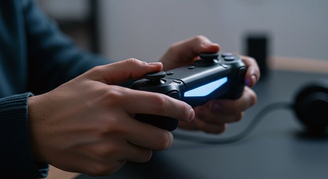 Gamer using a modern video game controller to play a high-tech console game at home.Concept of gaming and interactive entertainment.