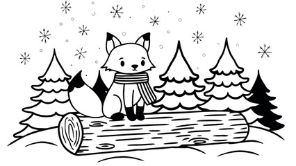 Baby Fox Wearing Christmas Scarf Sitting On Snow