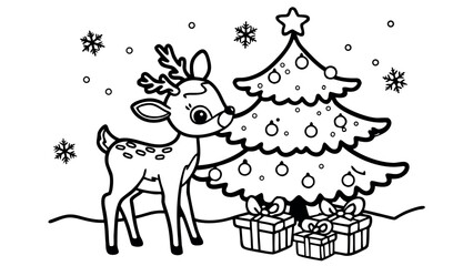 Cute Baby Deer Standing Beside Christmas Tree