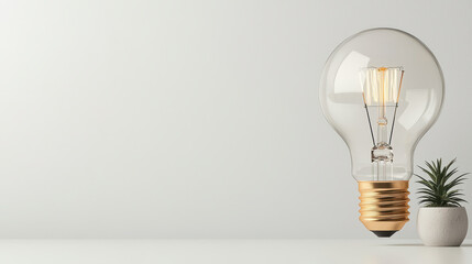 Creative concept of innovation with light bulb and small plant on white desk. Minimal workspace design symbolizing bright ideas, sustainability, and inspiration.