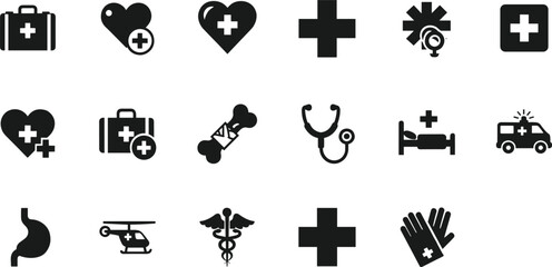 Set of black medical and emergency icons featuring first aid kits hospital cross symbols stethoscopes broken bone diagnostics ambulance helicopters and surgical gloves isolated on white background  © MstGulzan