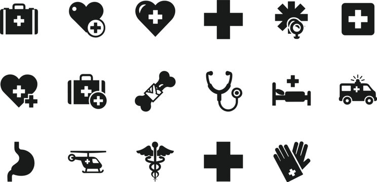 Set of black medical and emergency icons featuring first aid kits hospital cross symbols stethoscopes broken bone diagnostics ambulance helicopters and surgical gloves isolated on white background 