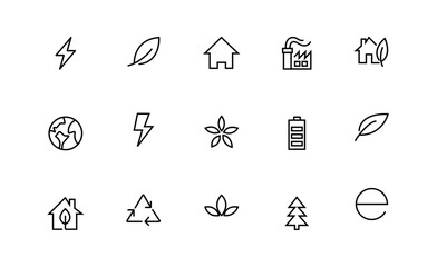 Ecology energy icon set. Containing renewable energy, ecology, green electricity, and more. Editable stroke. Vector illustration