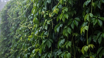 Obraz premium Lush green wall of vines in the rain: dense foliage with raindrops and tangling tendrils